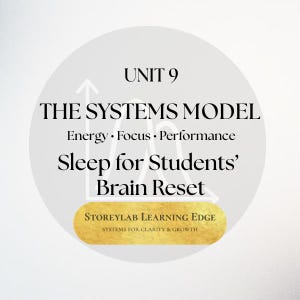 May include: A circular graphic with the text "UNIT 9 THE SYSTEMS MODEL Energy • Focus • Performance Sleep for Students' Brain Reset." A gold-colored rectangle at the bottom reads "STOREYLAB LEARNING EDGE SYSTEMS FOR CLARITY & GROWTH."