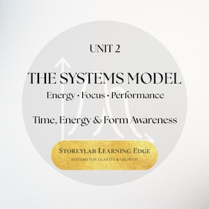 Könnte beinhalten: Kreisförmige Grafik mit dem Text „UNIT 2“ oben. Darunter steht „THE SYSTEMS MODEL“, gefolgt von „Energy • Focus • Performance“ und „Time, Energy & Form Awareness“. Ein goldfarbenes Rechteck unten zeigt „STOREYLAB LEARNING EDGE“.