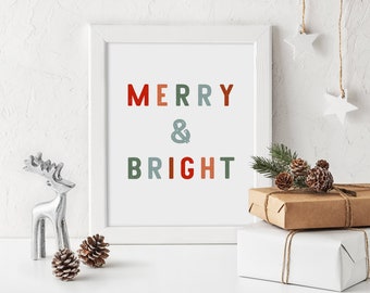 Christmas Printable Wall Art, Merry and Bright Print, Holiday Digital Print, Christmas digital art, Christmas wall decor