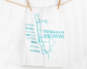 Beaches of Encinitas Tea Towel - christmas gift host gift Beach Love San Diego Dish Towel Ocean California Carlsbad  Cottage Decor Leucadia