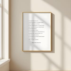 Puede incluir: Una cita imprimible en blanco y negro de Ralph Waldo Emerson. La cita dice: "Re&iacute;r a menudo y mucho... Eso es tener &eacute;xito."