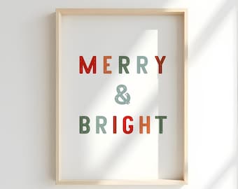 Merry and Bright Print, Boho Christmas print, Christmas wall decor, Christmas printable, Colorful Christmas Print, Christmas Wall Art