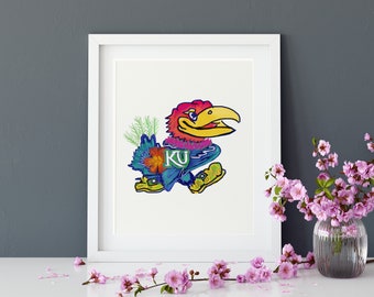 Tropical Jayhawk Hand Drawn Print  DIGITAL Download INSTANT Download - Rock Chalk Jayhawk - Lawrence Kansas - University of Kansas - KU Art