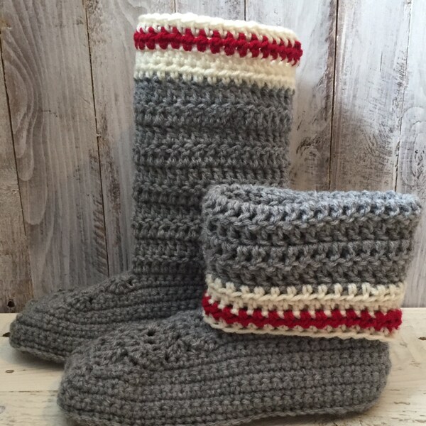 Work sock slipper boots,  crochet slippers, crochet slipper boots, grey work socks, works socks, work socks slippers, crochet slipper boots