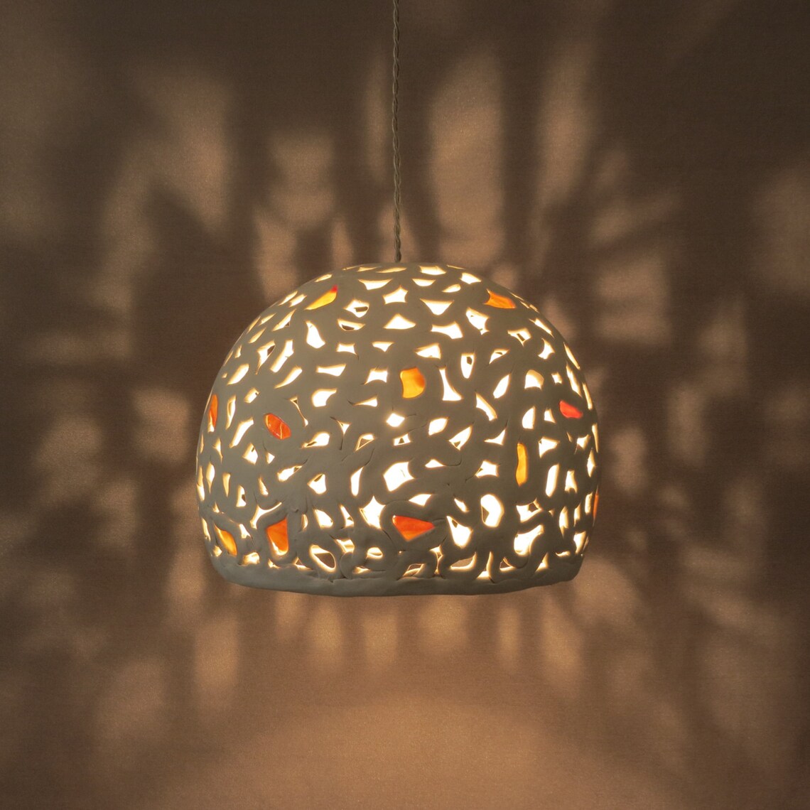 White Ceramic Pendant Light with warm Yellow and Orange Etsy