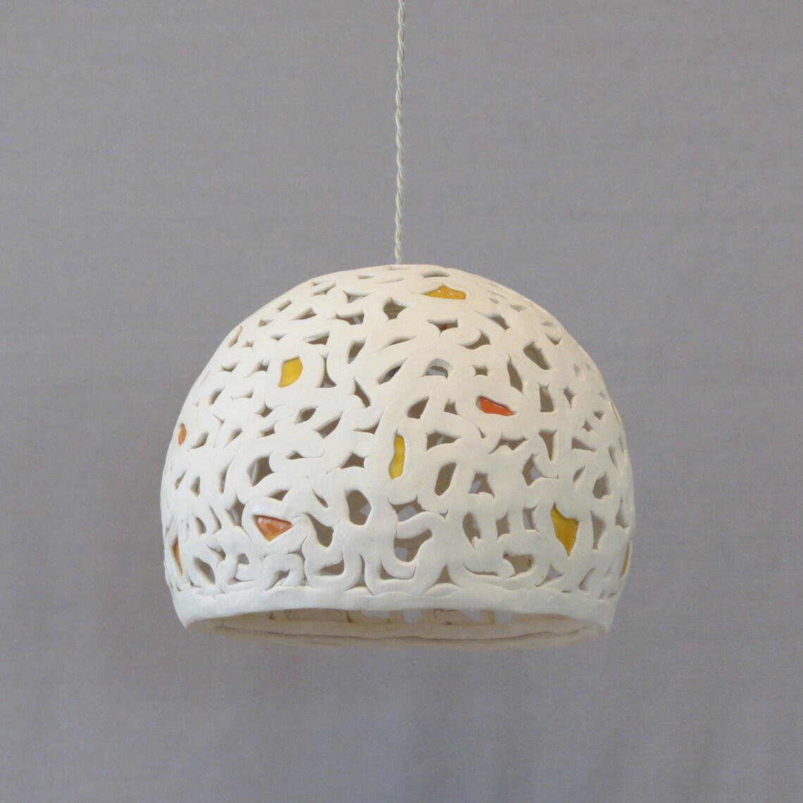 White Ceramic Pendant Light with warm Yellow and Orange Etsy