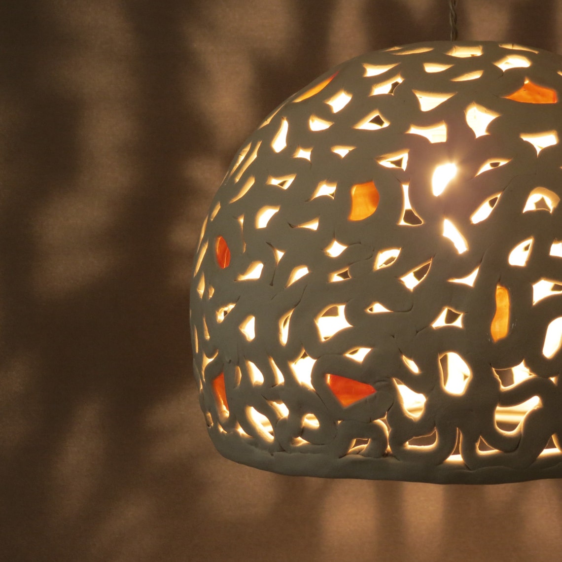 White Ceramic Pendant Light with warm Yellow and Orange Etsy