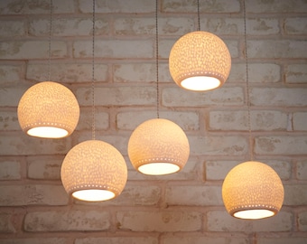 5 Modern Pendant Light Chandelier. White Textured Porcelain Dining room Lighting.