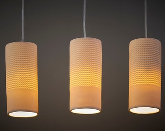 3 White Porcelain Cylinder Pendant Lights: Handmade Modern Textured Kitchen Island Lighting