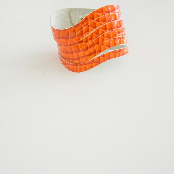 SALE - Genuine Leather Bracelet - Handmade - Orange Snake Skin Pattern  - Laser Cut - Medium