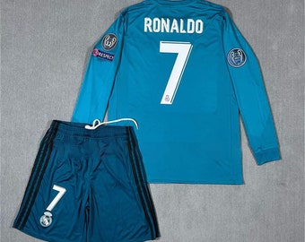 Uniforme de football Cristiano Ronaldo n° 7 17-18 maillot bleu Real Madrid - Costume à manches longues, deuxième ensemble de maillots de supporter à l'extérieur - Cadeau parfait