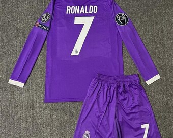 Real Madrid 2016–2017 Lila Auswärts-Komplettset Cristiano Ronaldo Nr. 7 Champions League-Trikot, Shorts – Fußballuniform mit kurzen und langen Ärmeln