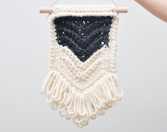 Chevron • Wall Hanging (MEDIUM) • Crochet Chunky Knit • Colour: CHARCOAL + VANILLA