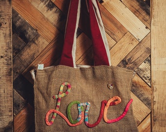 Burlap Purse_"Love" Purse_Upcycled Purse_Treasure