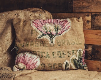 Upcycled Coffee Bag Pillow with Handstitched Purple Flower