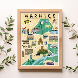 Puede incluir: Mapa ilustrado de Warwick, Inglaterra, con puntos de referencia, edificios y negocios locales. El mapa es de color amarillo claro con acentos verdes e incluye un río, un castillo y una iglesia.