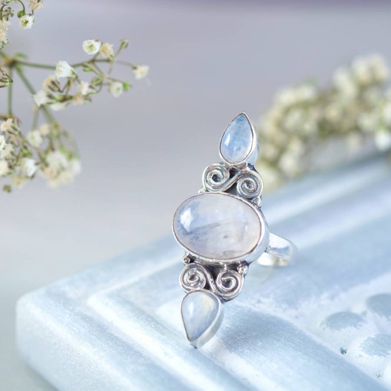 Triple Moonstone Ring Celestial Witchy Mystical Moonstone Etsy