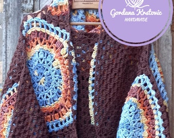 Oma Quadratischer Mantel, Patchwork-Mantel, afghanischer Kapuzen-Winterpullover, bunter langer Cardigan, BohoWollmantel, leichte lange handgestrickte Wolljacke