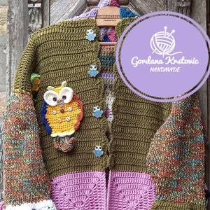 Handmade Granny Square Coat Patchwork Wool Outerwear With Owl Motif Boho Crochet Cardigan Unique Artisanal Festival Jacket Statement Piece