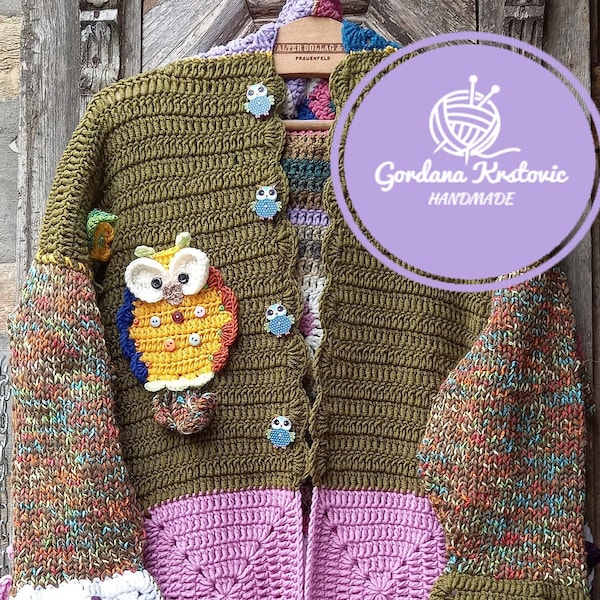 Granny Square Coat Patchwork Coat Owl Long Hooded Wool Sweater Crochet Owl Long Coat Winter Long Crochet Sweater Crochet Owl Wool Cardigan