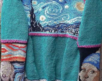 Art Wear Haute Couture Van Gogh The Starry Night Vermeer Girl With A Pearl Earring Fashion Design Munch  The Scream Long Embroidery Sweater