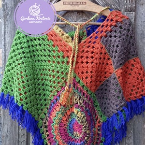 Crochet Poncho in autumn colors,Crocheted Granny Square Womans Poncho,Bohemian Autumn Colors Wool Poncho,Unique Hand Crocheted Poncho