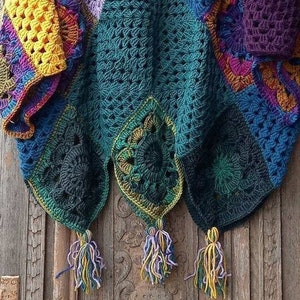 Hand Crochet Granny Square Poncho Teal Purple Green Yellow Orange Lilac Slip On Fringe Hem Boho Festival Wearable Art Oversize Gallery Piece