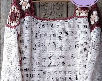 Crochet Tablecloth Dress Vintage Crochet Cotton Wedding Mini Dress Lace Victorian Style Summer Dress Unique Tunic in Patchwork Technique