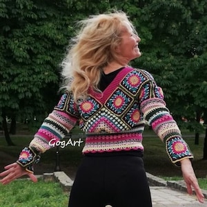 Handmade Granny Square Crochet Crop Top Long Sleeve V Neck Cotton Patchwork Boho Artisanal Festival Wearable Art Unique Statement Piece