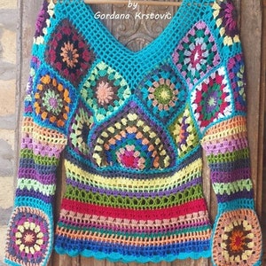 Granny Square Crop Top With Long Sleeves  Crochet Summer Patchwork Top Handmade Granny Square Top Multicolored Granny Square Blouse