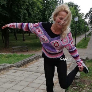 Handmade Granny Square Crop Top Long Sleeve Boho Crochet Cotton Patchwork Festival Wearable Art Unique Sustainable Statement Piece