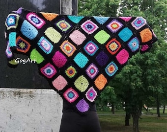 Crochet shawl with multicolor granny square patchwork cubes,Granny square crochet triangle shawl,Elegant triagle beach wedding shawl