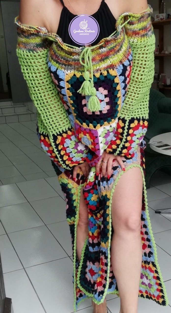 High Neck Granny Square Crochet with Long Sleeve Beach Dress
