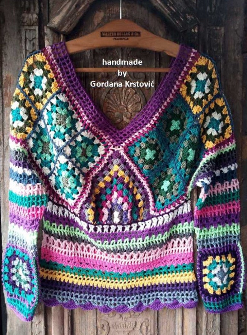 Granny Square Crop Top With Long Sleeves Crochet Summer Patchwork Top Handmade Granny Square Top Multicolored Fashion Granny Square Blouse