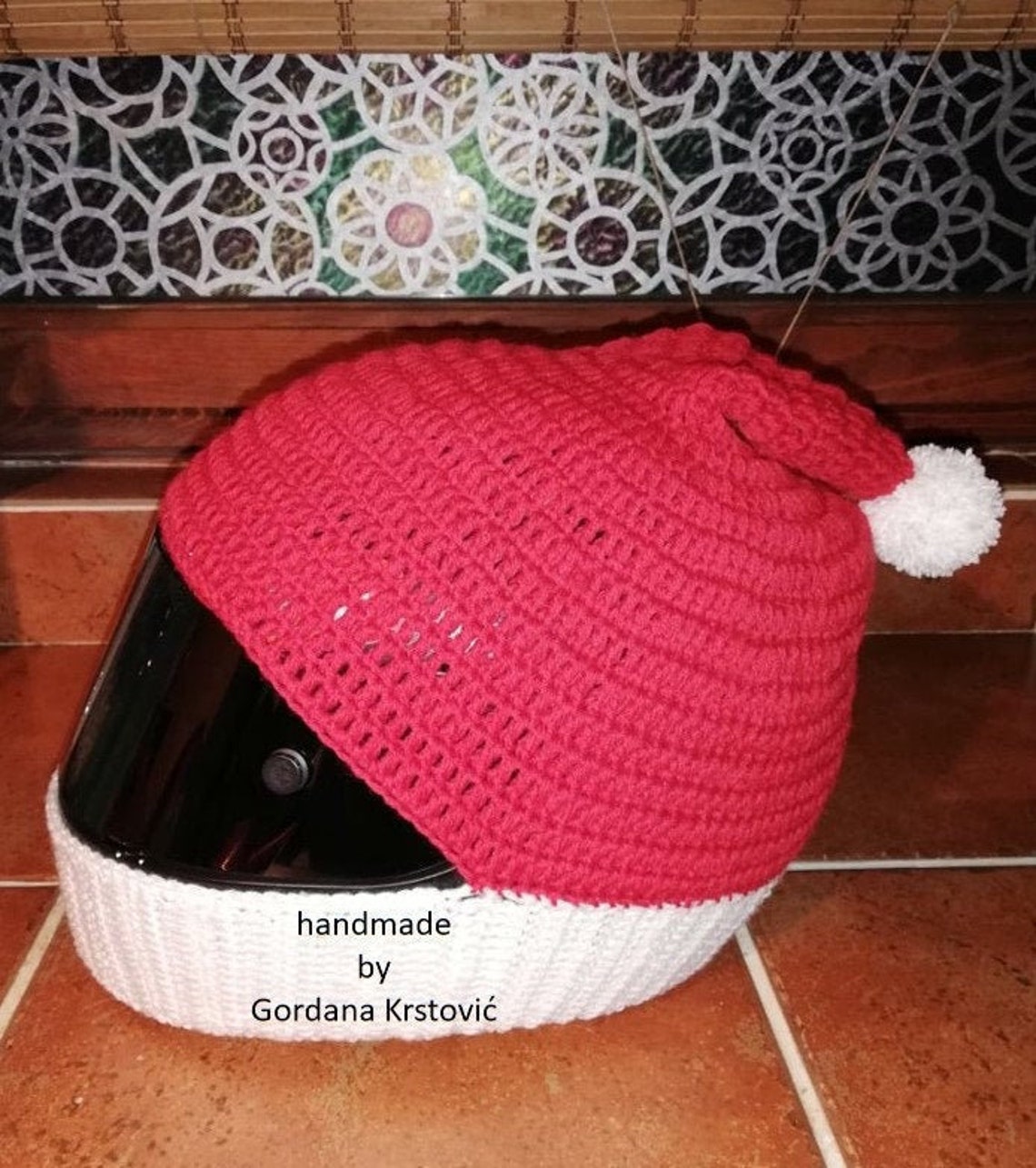 Santa Claus Christmas Helmet Cover Motorcycle Hat Crochet Biker Wool
