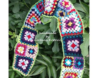 Handmade granny square crochet scarf, cozy scarf