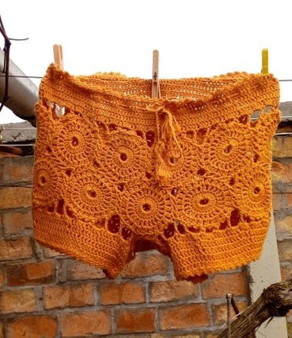 Hand Crochet Cotton Sexy Boxer Bech Panties Crochet Orange Summer Panties  Sexy Underwear Fashion Style Crop Boxer Crochet Flower Panties