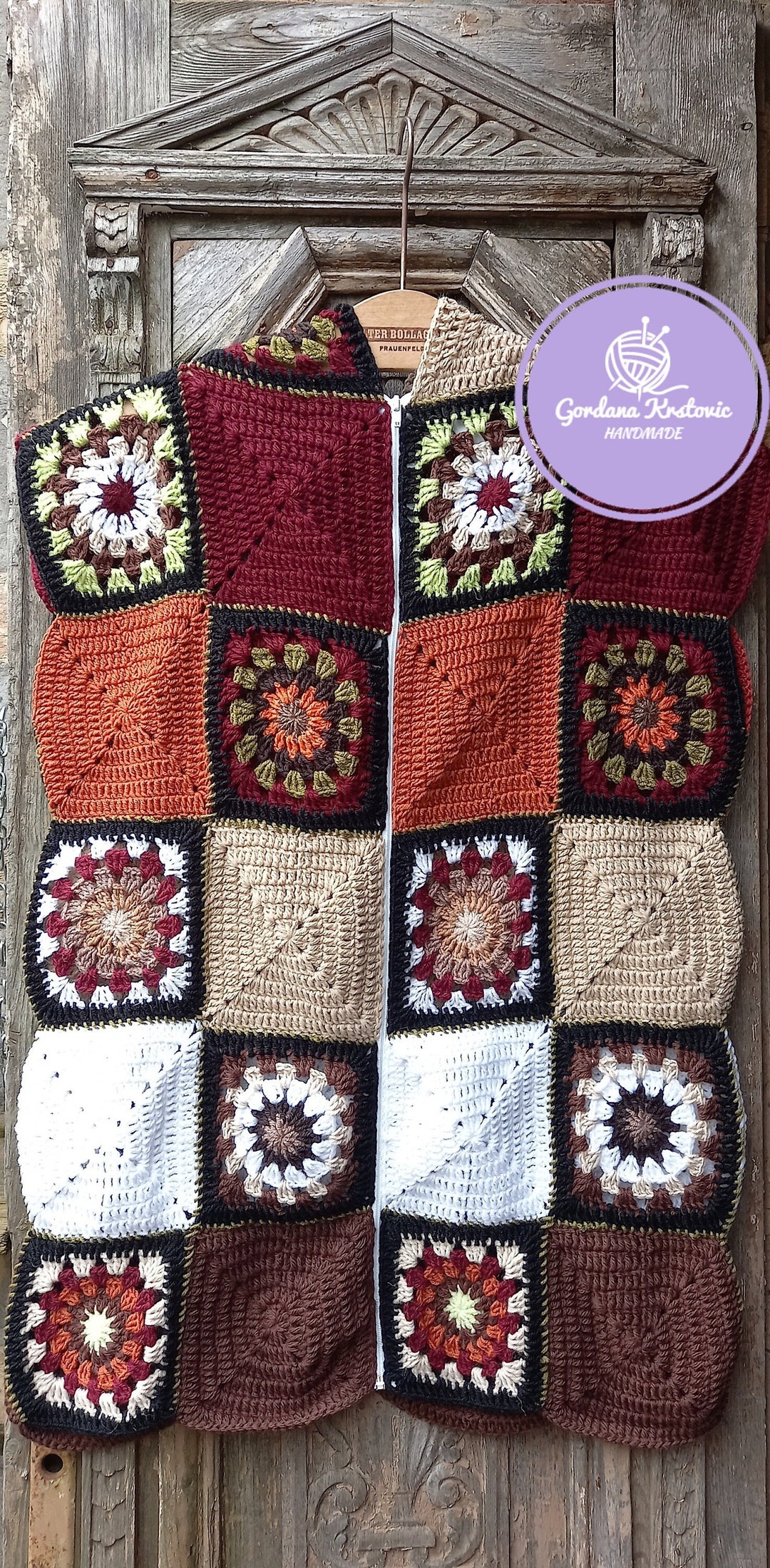 Handmade Patchwork Cardigan Crochet Granny Square Hooded Vest Zipper