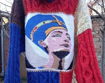Pharaoh Chic Embroidered Patchwork Sweater Chunky Turtleneck Egyptian Inspired Fashion Handmade Pharaoh Artwear Women Bold Stylish Chunky