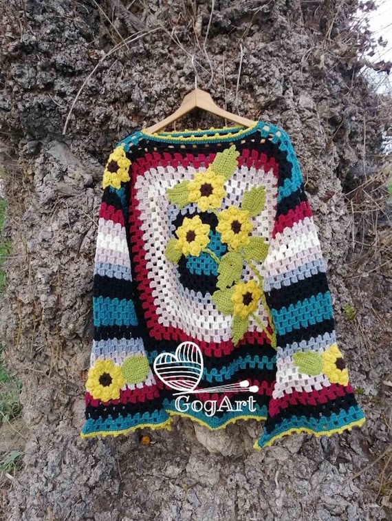 Handgefertigte Sonnenblume häkeln Oma Quadrat Pullover Blumen