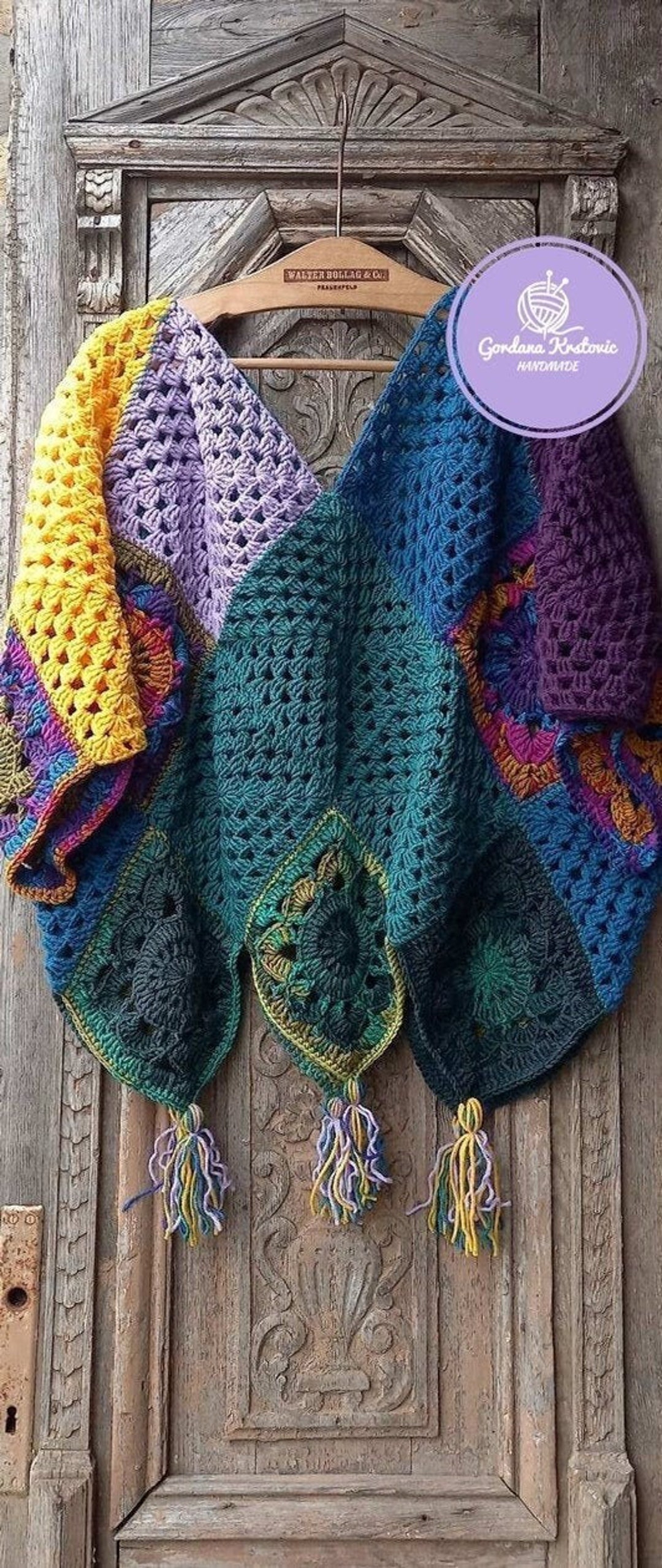 グラニースクエアポンチョ　ブルー&ブラウン グラニースクエアポンチョ ブルー&ブラウン