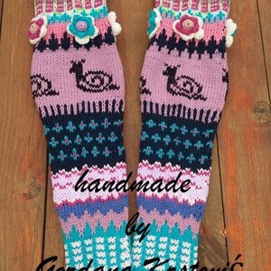 Handmade Knitted Snail Leggings Tight High Socks Cozy Gift Women Wearable Art Slow Fashion Eco Friendly Knit Heirloom Quality Gallery Ready