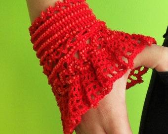 crochet beaded cuff bracelet,statement jewelry, beaded accessoire, prom corsage, red wrist band, gift for her, custom order, Classic