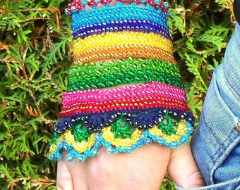 Crochet Manschette Armband, handgefertigte Armband, blauen Perlen Band, bunten Schmuck, Geburtstagsgeschenk, rosa, grün, gelb, Lobelia