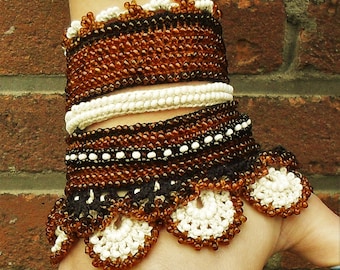 crochet beaded cuff bracelet, statement jewelry, beaded accessoire, prom corsage, classic indian wrist band, gift for her, brown, black,Inja