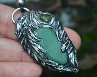 Feathers - Handmade pendant, aventurine stone, handmade jewellry, gemstone pendant, polymer clay, nature lover, fantasy art, elven, magic