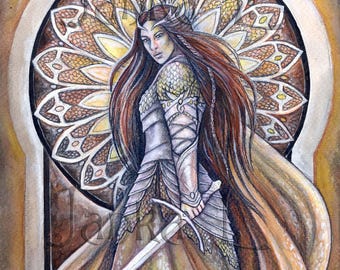 署名入り戦士の女王の水彩画 - 中世ファンタジーアート