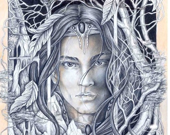 Original Drawing - Prince of the Forest Kingdom, man portrait, graphite pencils, fantasy art, elven portrait, signed art, wall decor