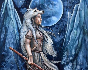 Original illustration - White Wolf, man, signed art, watercolor painting, historic, wall art, moon, warrior, hunter, american, hill, night