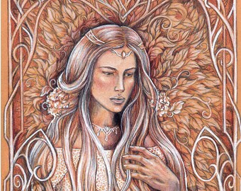 Elven Bride - Illustration originale, portrait d'elfe, beauté elfique, art original, dessin fantastique, portrait signé, dessin orange, art mural